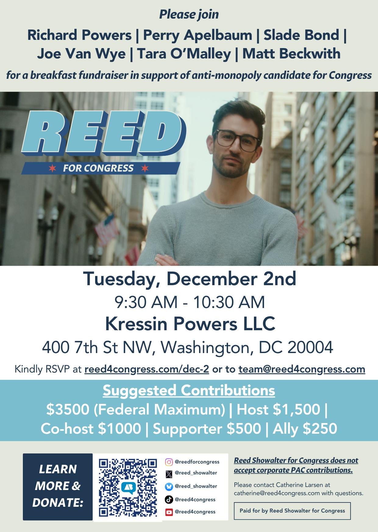 invitation for Reed Showalter fundraiser 12/2