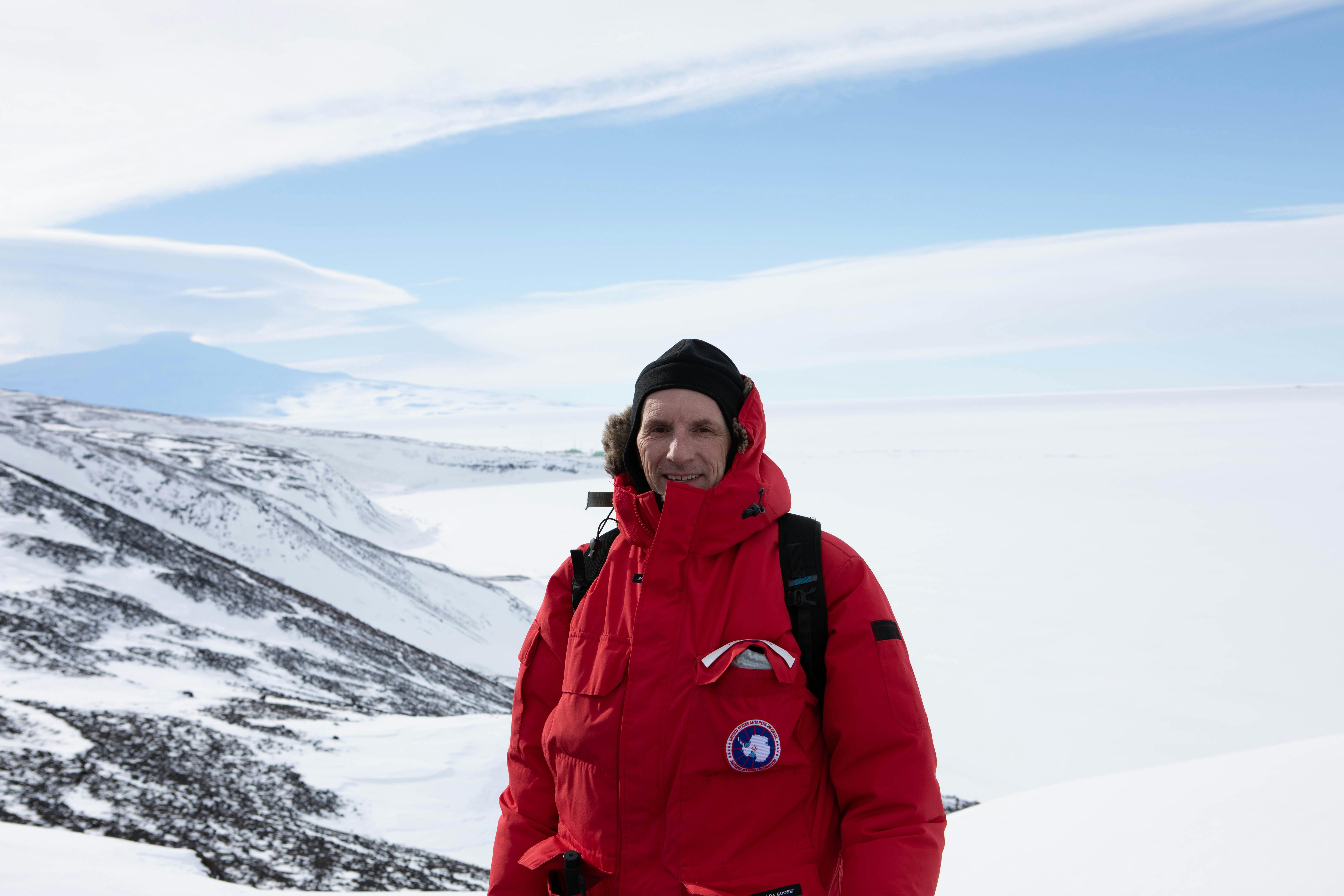 Dr Pete at McMurdo Station Antarctica - Mount Erebus, the Southernmost active volcano