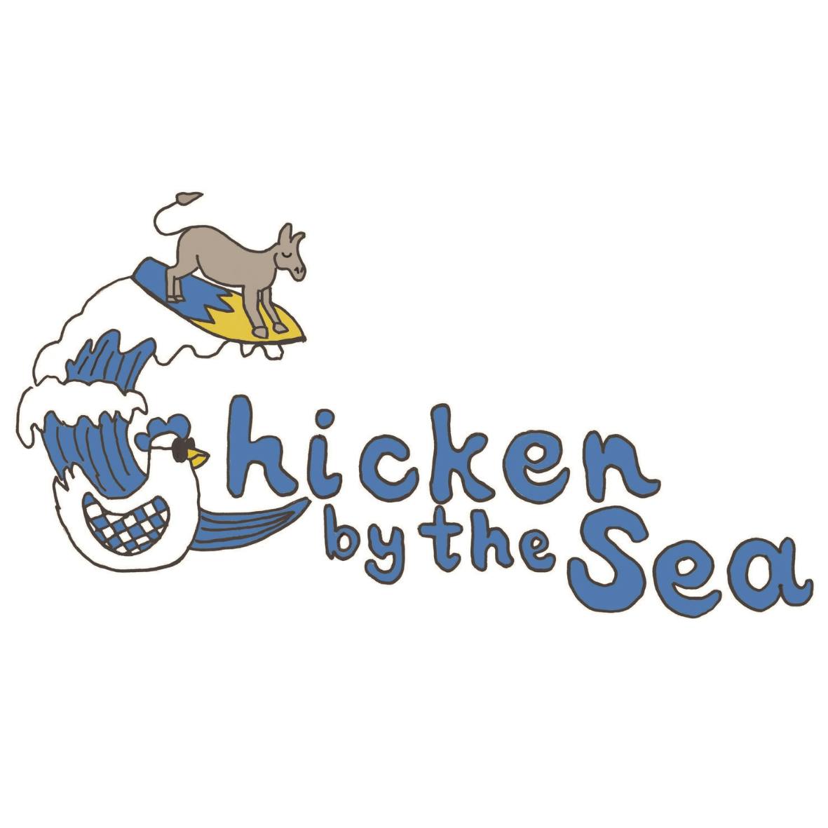 A donkey surfing next to a chicken with text that reads Chicken by the Sea