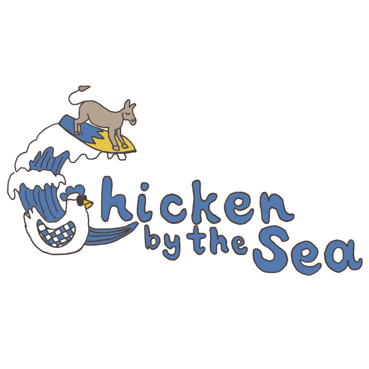 A donkey surfing next to a chicken with text that reads Chicken by the Sea