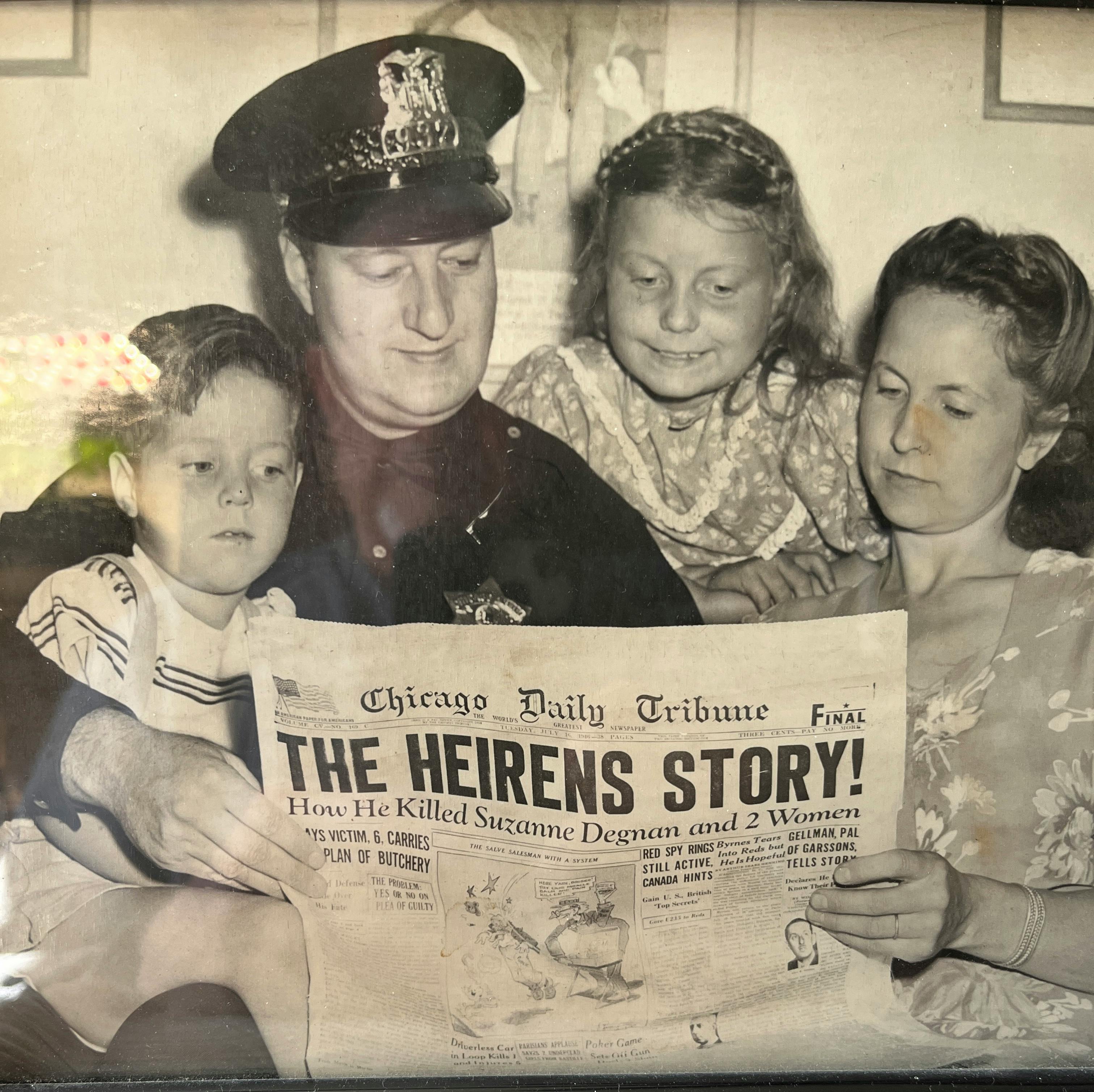 Family reading a newspaper in 1946