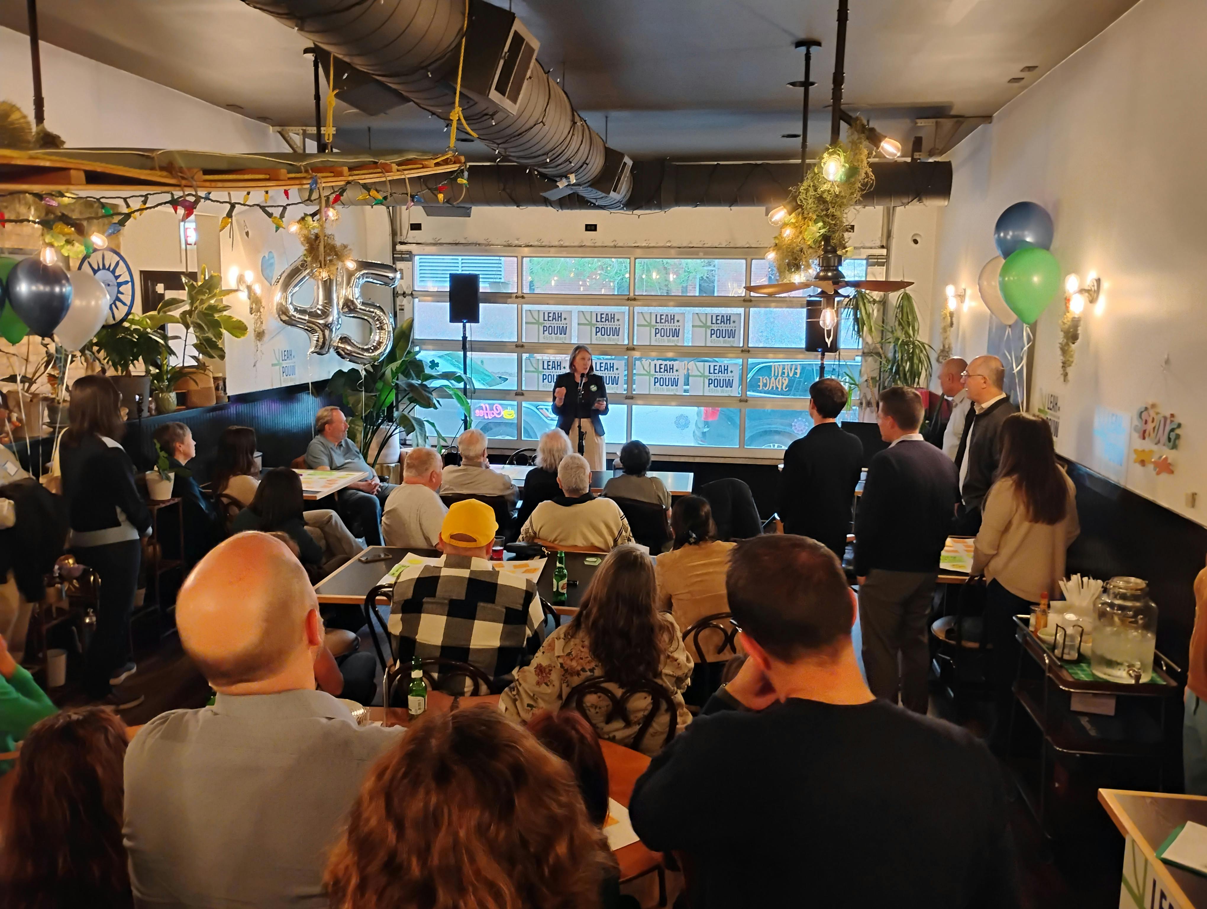 Leah speaking at launch party April 29, 2026