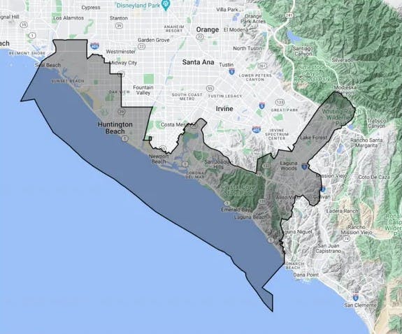 Assembly district 72 map of coastal orange county in southern california