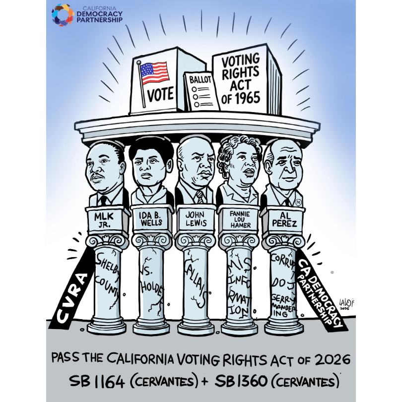 Voting Rights Act of 1965 on Pillars featuring MLK Jr., Ida B. Wells, John Lewis, Fanni Lou Hamer, and Al Perez