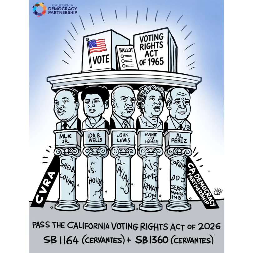 Voting Rights Act of 1965 on Pillars featuring MLK Jr., Ida B. Wells, John Lewis, Fanni Lou Hamer, and Al Perez