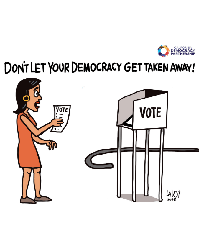 Woman walking up to voting booth with text "Don't let your democracy get taken away"