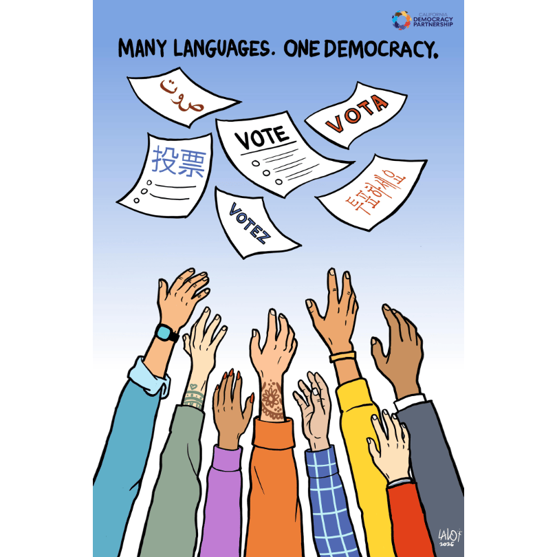 Arms reaching up to grab ballots in multiple languages