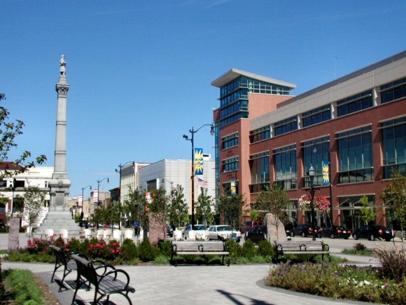Monument Square overlooking the Johnson's Financial Building and the Racine Art Museum