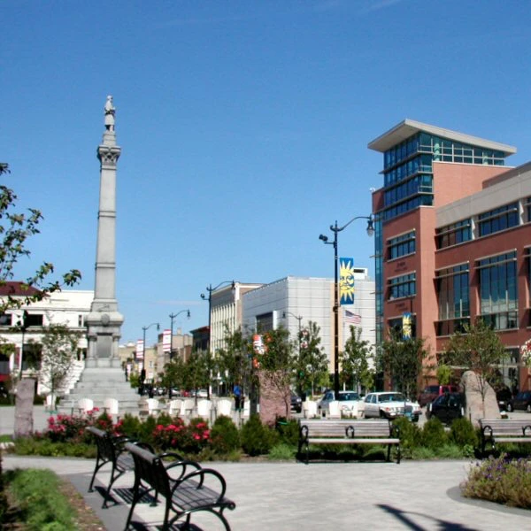 Monument Square overlooking the Johnson's Financial Building and the Racine Art Museum